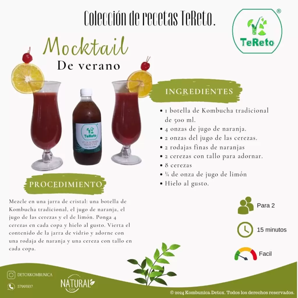 Receta Mocktail de verano de la colección de recetas TeReto. Ingredientes: 1 botella de Kombucha tradicional de 500 ml, 4 onzas de jugo de naranja, 2 onzas del jugo de las cerezas, 2 rodajas finas de naranja, 2 cerezas con tallo para adornar, 8 cerezas, ¼ de onza de jugo de limón e hielo al gusto. Para 2 personas, dificultad fácil, 15 minutos.